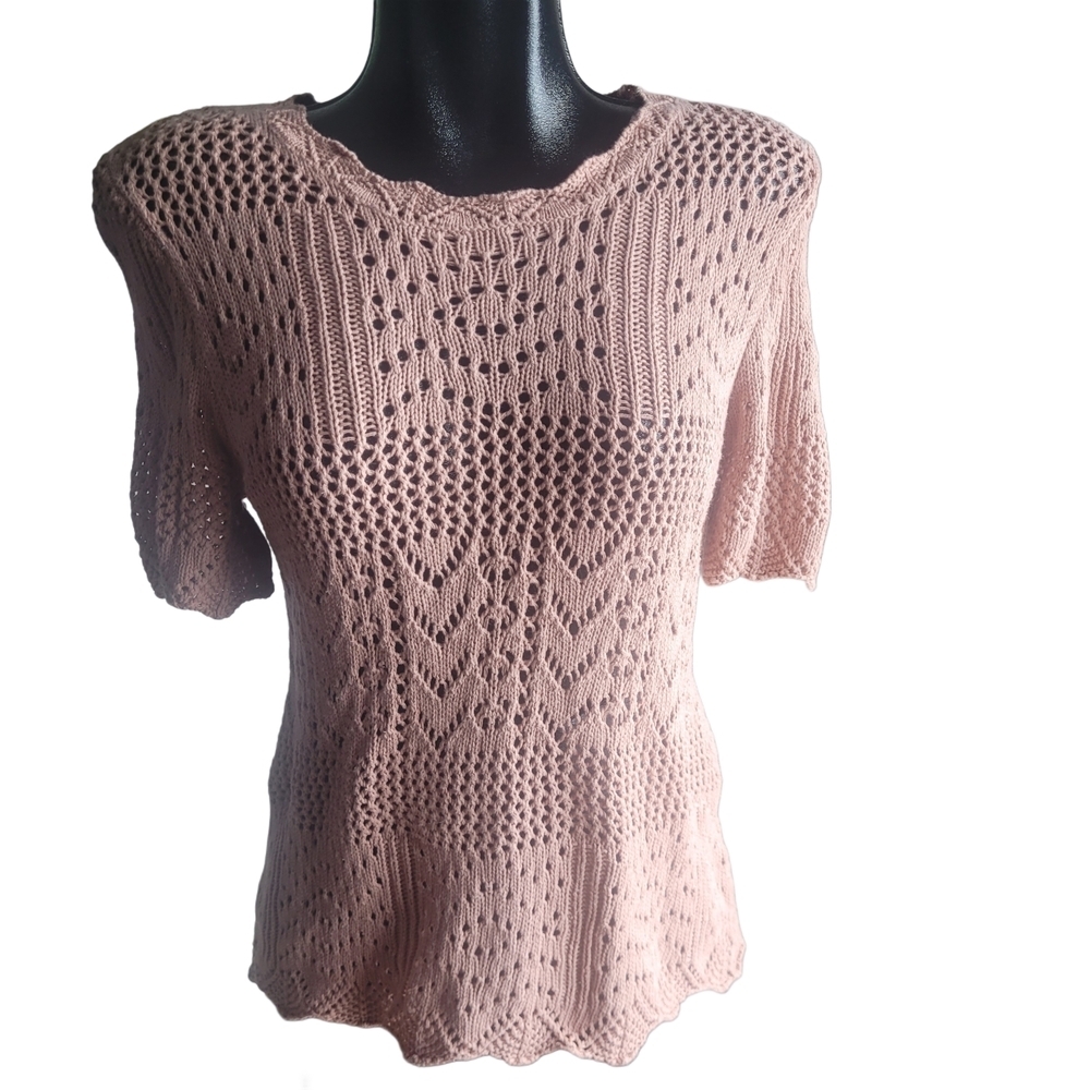 Guilty Open Knit Pink Short Sleeve Sweater Size L